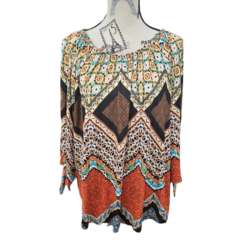Chico's Boho Chic Off‎ Shoulder Multicolor Print Peasant Top Size 2